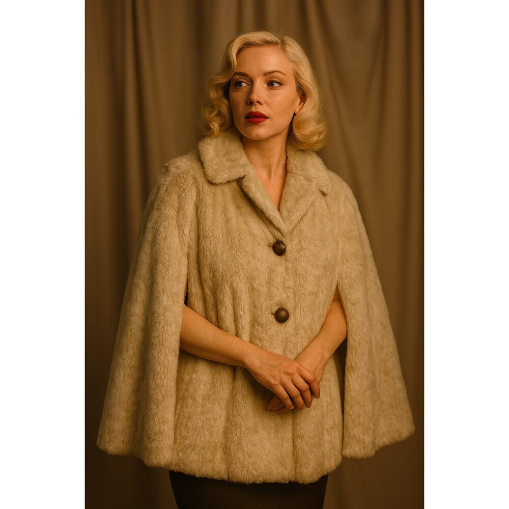 VTG Faux Fur Women's Inverness Cape Cloak‎ Coat OS Old Money Glam Old Hollywood